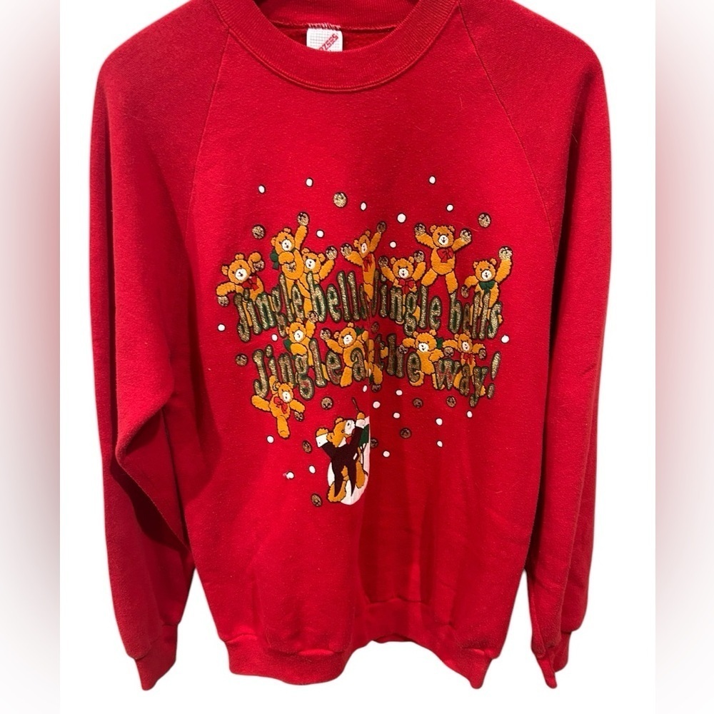 Vintage Jerzees Sweatshirt Red Christmas Themed Holiday Ugly Sweater XL Party